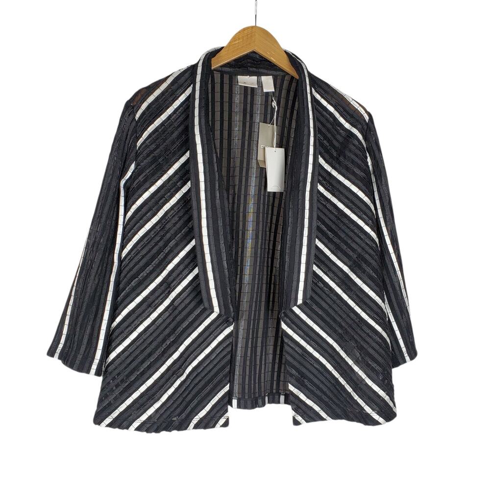 NEW Chicos Collection Aurora Strip Jacket Sz 2 Lg Black White 3/4 Sleeve Topper